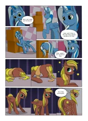 Size: 2904x4000 | Tagged: safe, artist:palibrik, derpibooru import, compass star, evening star, party favor, thunderlane, oc, oc:gusty guide, oc:shocker streak, earth pony, pegasus, pony, unicorn, comic:securing a sentinel, boxes, butt, carousel boutique, comic, commissioner:bigonionbean, cutie mark, dizzy, drunk, faceplant, flank, fusion, fusion:gusty guide, fusion:shocker streak, high res, horn, image, magic, male, mirror, not an alicorn, offscreen character, plot, png, ponyville, potion, pushing, reflection, sequence, shocked, shocked expression, stallion, stretching, surprised, wings