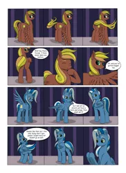 Size: 2904x4000 | Tagged: safe, artist:palibrik, derpibooru import, compass star, evening star, party favor, thunderlane, oc, oc:gusty guide, oc:shocker streak, earth pony, pegasus, pony, unicorn, comic:securing a sentinel, butt, carousel boutique, comic, commissioner:bigonionbean, cutie mark, dialogue, drunk, flank, fusion, fusion:gusty guide, fusion:shocker streak, high res, horn, image, magic, male, not an alicorn, offscreen character, plot, png, ponyville, potion, raised tail, sequence, shocked, shocked expression, stallion, stretching, surprised, tail, wings