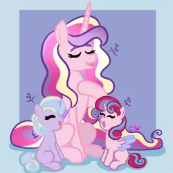 Size: 1000x1000 | Tagged: safe, artist:chelseawest, derpibooru import, princess cadance, oc, oc:lilac hearts, oc:mi amore ruby heart, alicorn, pony, alicorn oc, colored wings, colored wingtips, eyes closed, female, filly, foal, great granddaughter, great grandmother, horn, image, jpeg, music notes, offspring, offspring's offspring, older, older princess cadance, parent:oc:glimmering shield, parent:oc:globe thistle, parent:oc:mi amore rose heart, parent:oc:tempered beauty, parents:oc x oc, petalverse, singing, wings