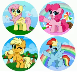 Size: 4096x3848 | Tagged: safe, artist:kittyrosie, derpibooru import, applejack, fluttershy, pinkie pie, rainbow dash, butterfly, earth pony, insect, pegasus, pony, apple, applejack's hat, blushing, candy, cookie, cowboy hat, cute, dashabetes, diapinkes, female, flying, food, hat, image, jackabetes, jpeg, looking at you, mare, one eye closed, open mouth, open smile, shyabetes, smiling, spread wings, tree, wings, wink, winking at you