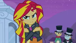 Size: 3410x1920 | Tagged: safe, derpibooru import, screencap, snails, snips, sunset shimmer, human, equestria girls, equestria girls (movie), clothes, cutie mark, cutie mark on clothes, female, frown, hat, high res, image, jacket, jpeg, leather, leather jacket, lip bite, male, night, statue, top hat, trio