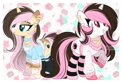 Size: 2723x1854 | Tagged: safe, artist:pegasski, artist:red_moonwolf, derpibooru import, edit, oc, oc:eclipsed moonwolf, unofficial characters only, pony, unicorn, base used, clothes, coat markings, collar, ear piercing, horn, image, jewelry, looking at something, necklace, piercing, png, raised hoof, self paradox, self ponidox, simple background, smiling, socks, socks (coat marking), striped socks, sweater, unicorn oc, watermark