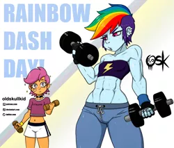 Size: 1760x1500 | Tagged: safe, artist:oldskullkid, derpibooru import, rainbow dash, scootaloo, equestria girls, abs, bandage, clothes, dumbbell (object), ear piercing, earring, female, image, jewelry, jpeg, muscles, muscular female, pants, piercing, sports bra, sweat