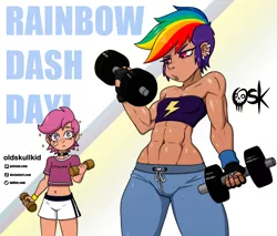 Size: 1760x1500 | Tagged: safe, alternate version, artist:oldskullkid, derpibooru import, rainbow dash, scootaloo, human, abs, bandage, clothes, dumbbell (object), ear piercing, earring, female, humanized, image, jewelry, jpeg, muscles, muscular female, pants, piercing, sports bra, sweat