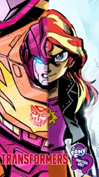 Size: 1080x1920 | Tagged: artist needed, photographer needed, source needed, safe, derpibooru import, sunset shimmer, equestria girls, equestria girls logo, hot rod, image, meta, photo, png, poster, rodimus, smiling, transformers, transformers logo