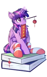 Size: 2200x3600 | Tagged: safe, artist:ravistdash, derpibooru import, twilight sparkle, twilight sparkle (alicorn), alicorn, pony, book, chinese new year, clothes, image, lantern, png, simple background, sitting, smiling, socks, solo, transparent background