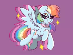 Size: 2048x1536 | Tagged: safe, artist:allicoot, derpibooru import, rainbow dash, pegasus, pony, collar, flying, image, jpeg, simple background, solo, tongue out