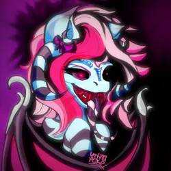 Size: 3000x3000 | Tagged: safe, artist:umbrapone, derpibooru import, oc, oc:razor smile, demon, demon pony, original species, pony, abstract background, adoracreepy, bat ears, bat wings, black lipstick, black sclera, bow, bust, creepy, cute, fangs, glow, glowing eyes, hair bow, horns, image, lipstick, long tongue, looking at you, no iris, pink mane, png, red eyes, smiling, smiling at you, striped tongue, stripes, tongue out, wings