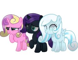 Size: 1014x788 | Tagged: safe, artist:be_yourself, derpibooru import, princess skyla, oc, oc:nyx, oc:snowdrop, alicorn, pegasus, pony, alicorn oc, colored wings, female, filly, foal, frown, hoof on chin, hooves, horn, image, movie accurate, pegasus oc, png, raised hoof, shading, simple background, slit pupils, small wings, smiling, spread wings, standing, transparent background, trio, trio female, unamused, wings