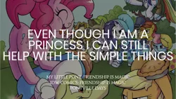 Size: 1280x720 | Tagged: safe, derpibooru import, edit, editor:quoterific, idw, applejack, carrot cake, cup cake, diamond tiara, granny smith, pinkie pie, rainbow dash, rarity, earth pony, pegasus, pony, unicorn, ^^, applejack's hat, cowboy hat, eyes closed, female, filly, foal, food, hat, image, jpeg, male, mare, open mouth, open smile, pie, ponyville days, smiling, stallion, text