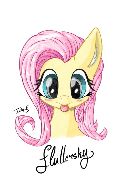 Size: 2481x3508 | Tagged: safe, artist:memprices, derpibooru import, fluttershy, earth pony, pony, blue eyes, blushing, bust, ear fluff, female, front view, high res, image, looking at you, mare, mlem, pencil, png, portrait, signature, silly, simple background, smiling, solo, tongue out, white background