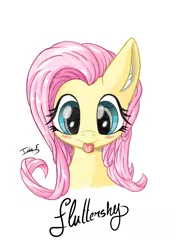 Size: 2481x3508 | Tagged: safe, artist:memprices, derpibooru import, fluttershy, earth pony, pony, blue eyes, blushing, bust, ear fluff, female, front view, high res, image, looking at you, mare, mlem, pencil, png, portrait, signature, silly, simple background, smiling, solo, tongue out, white background