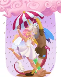 Size: 720x900 | Tagged: safe, artist:sketchytsh, derpibooru import, discord, princess celestia, anthro, human, antlers, armpits, chocolate, chocolate rain, clothes, cloud, crown, dislestia, dress, feet, female, food, horn, image, jewelry, looking at each other, looking at someone, male, png, rain, regalia, shipping, straight, umbrella, wings