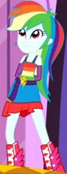 Size: 1920x4940 | Tagged: safe, derpibooru import, screencap, rainbow dash, eqg summertime shorts, equestria girls, make up shake up, belt, boots, clothes, cropped, cute, cutie mark, cutie mark on clothes, dashabetes, fall formal outfits, female, fingerless gloves, gloves, hand behind back, image, jpeg, shoes, sleeveless, smiling, solo