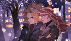 Size: 1280x755 | Tagged: safe, artist:eopo, derpibooru import, adagio dazzle, sunset shimmer, human, adoragio, clothes, coat, crossed arms, cute, duo, ear piercing, earring, female, humanized, image, jacket, jewelry, jpeg, lesbian, night, open mouth, piercing, shimmerbetes, shipping, snow, snowfall, sunsagio, sweater, tree, winter