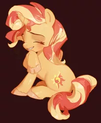 Size: 1254x1525 | Tagged: safe, alternate version, artist:eopo, derpibooru import, sunset shimmer, pony, unicorn, cute, eyes closed, female, grin, heart, image, jpeg, mare, raised hoof, red background, shimmerbetes, simple background, smiling, solo, unshorn fetlocks