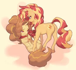 Size: 1084x992 | Tagged: safe, artist:eopo, derpibooru import, adagio dazzle, sunset shimmer, ponified, pony, unicorn, blushing, bondage, butt, duo, equestria girls ponified, female, gift wrapped, image, jpeg, lesbian, lying down, mare, on back, one eye closed, plot, ribbon, shipping, sunsagio, tied up