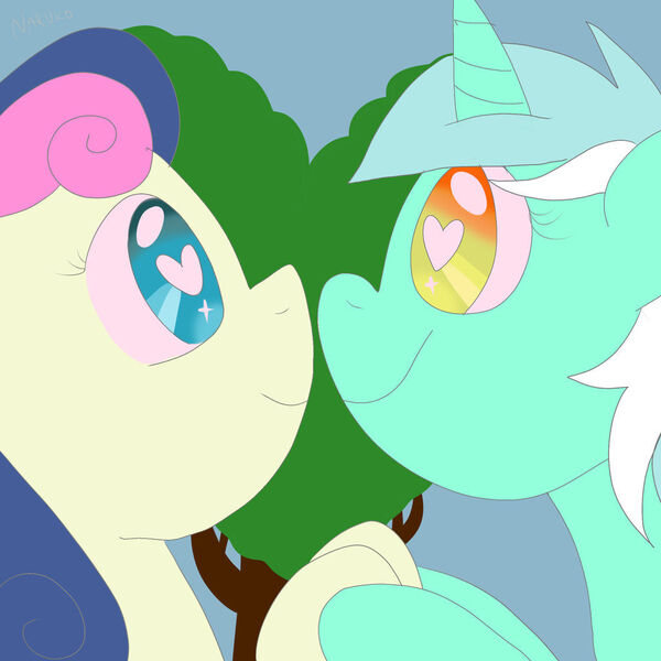 Size: 1024x1024 | Tagged: safe, artist:wrath-marionphauna, derpibooru import, bon bon, lyra heartstrings, sweetie drops, earth pony, unicorn, digital art, female, heart eyes, hearts and hooves day, image, jpeg, lesbian, looking at each other, looking at someone, lyrabon, shipping, smiling, smiling at each other, wingding eyes