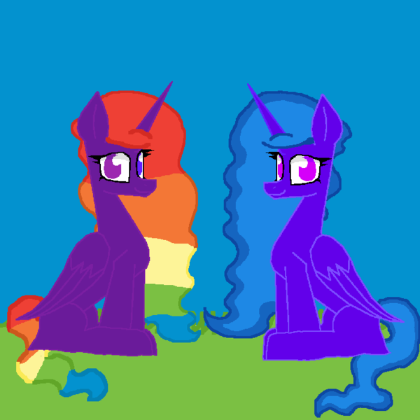 Size: 700x700 | Tagged: safe, artist:princessmoonlight, derpibooru import, oc, oc:moonlight stars, oc:roselight heart, alicorn, alicorn oc, dark purple coat, female, grass, grass field, horn, image, light purple coat, moonlight hair, multicolor eyes, multicolored hair, multicolored mane, multicolored tail, png, purple eyes, rainbow hair, sibling love, siblings, simple background, sister time, sisterly love, sisters, sitting, smiling, tail, wavy mane, wavy tail, wings