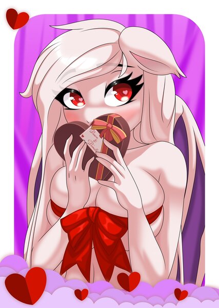 Size: 1800x2530 | Tagged: suggestive, artist:up1ter, derpibooru import, oc, oc:crimson, anthro, bat pony, pony, holiday, image, jpeg, present, solo, valentine's day