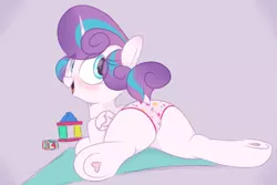 Size: 2691x1800 | Tagged: suggestive, artist:chaosllama, princess flurry heart, alicorn, clothes, cute, dock, foalcon, image, looking back, panties, panty shot, pink underwear, png, raised tail, silly panties, spread legs, spreading, striped underwear, tail, underage, underwear