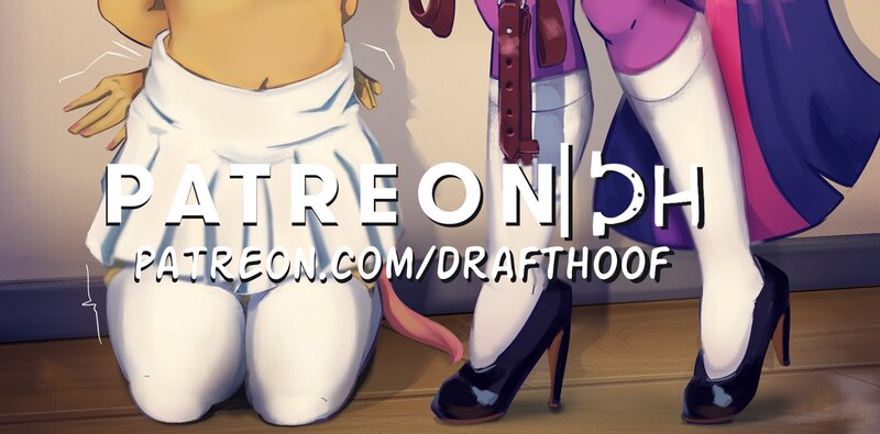 Size: 2333x1152 | Tagged: suggestive, artist:drafthoof, derpibooru import, fluttershy, twilight sparkle, anthro, advertisement, collar, image, jpeg, kneeling, legs, patreon, patreon logo, pictures of legs