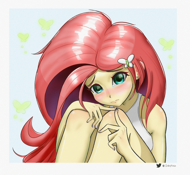 Size: 1500x1382 | Tagged: safe, artist:inky_mitts, derpibooru import, fluttershy, equestria girls, blushing, clothes, cute, female, image, png, shyabetes, solo, tanktop