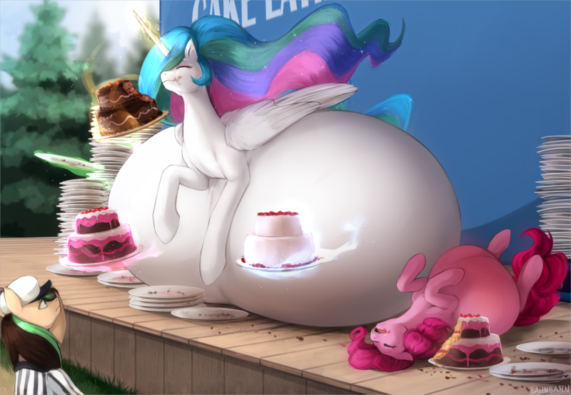 Size: 2732x1889 | Tagged: questionable, artist:nsfwbonbon, derpibooru import, pinkie pie, princess celestia, oc, oc:verdant ardea, alicorn, earth pony, pony, belly, big belly, cake, cakelestia, ethereal mane, female, flowing mane, food, huge belly, hungry, image, impossibly large belly, mare, png, preggy pie, preglestia, pregnant, this will end in colic, weight gain sequence