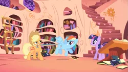 Size: 801x451 | Tagged: safe, derpibooru import, screencap, applejack, rainbow dash, twilight sparkle, pony, friendship is magic, biting, image, library, png, tail, tail bite, tail pull