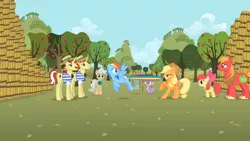 Size: 808x455 | Tagged: safe, derpibooru import, screencap, apple bloom, applejack, big macintosh, flam, flim, mayor mare, rainbow dash, spike, dragon, earth pony, pegasus, pony, unicorn, the super speedy cider squeezy 6000, apple, apple bloom's bow, apple tree, applejack's hat, barrel, biting, blank flank, bow, brothers, clothes, cowboy hat, female, filly, flim flam brothers, flying, foal, food, freckles, grass, grass field, hair bow, hat, hourglass, image, lidded eyes, looking at someone, looking back, male, mare, png, raised hoof, siblings, spread wings, stallion, sweet apple acres, tail, tail bite, tree, wings