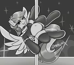 Size: 2856x2512 | Tagged: suggestive, artist:llametsul, derpibooru import, pegasus, pony, belly button, black and white, blushing, choker, clothes, ear piercing, earring, eye clipping through hair, eyebrows, eyebrows visible through hair, eyeshadow, five nights at freddy's, gray, grayscale, heart eyes, image, jewelry, l. frank baum, looking at you, makeup, monochrome, open mouth, open smile, panties, piercing, pixie cut, png, raised eyebrow, scott cawthon, smiling, smiling at you, spread wings, stripper pole, the wizard of oz, the wonderful wizard of oz, underwear, wingding eyes, wings