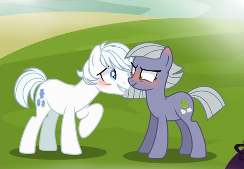 Size: 2064x1429 | Tagged: safe, artist:kittypaintyt, artist:nikaly-ioe, derpibooru import, edit, double diamond, limestone pie, earth pony, pony, blushing, boop, cropped, diamondstone (ship), female, image, limediamond, looking at each other, looking at someone, male, mare, noseboop, not sure if want, png, raised hoof, shipping, show accurate, smiling, stallion, straight, this will end in kisses