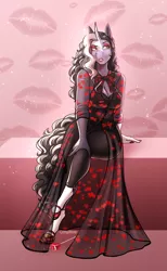 Size: 1911x3110 | Tagged: safe, artist:blackblood-queen, derpibooru import, oc, oc:starling quartz, unofficial characters only, anthro, unguligrade anthro, unicorn, anthro oc, breasts, cleavage, clothes, digital art, dress, eyeshadow, female, hearts and hooves day, holiday, horn, image, lipstick, makeup, mother, png, sitting, unicorn oc, valentine's day