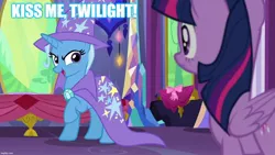 Size: 1280x720 | Tagged: safe, derpibooru import, edit, edited screencap, screencap, trixie, twilight sparkle, twilight sparkle (alicorn), alicorn, pony, no second prances, female, image, jpeg, lesbian, shipping, twilight's castle, twixie