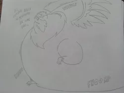 Size: 2592x1944 | Tagged: suggestive, artist:princebluemoon3, derpibooru import, gabby, gryphon, series:gabby's pop test, belly, big belly, bingo wings, dialogue, female, grayscale, hiccup, huge belly, image, impossibly large belly, inflation, jpeg, laughing, monochrome, sketch, solo, solo female, traditional art