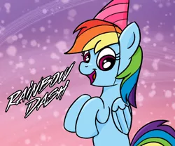 Size: 960x800 | Tagged: safe, artist:m.w., derpibooru import, rainbow dash, pegasus, pony, hat, image, open mouth, party hat, png, rainbow dash day, solo