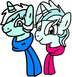 Size: 940x1000 | Tagged: safe, artist:jadeharmony, derpibooru import, oc, oc:riski alpine, oc:slippery slope, pony, unicorn, icey-verse, brother and sister, bust, clothes, duo, female, image, male, mare, offspring, parent:double diamond, parent:lyra heartstrings, parents:lymond, png, scarf, siblings, simple background, stallion, transparent background, twins