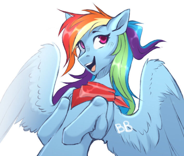 Size: 800x678 | Tagged: safe, artist:buvanybu, derpibooru import, rainbow dash, pegasus, pony, bandana, female, image, jpeg, leg fluff, mare, open mouth, simple background, solo, white background