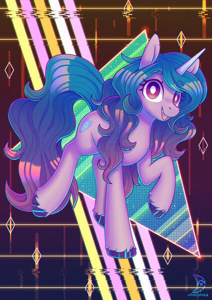 Size: 1280x1811 | Tagged: safe, artist:musicfirewind, derpibooru import, izzy moonbow, pony, unicorn, my little pony: a new generation, backwards cutie mark, colored hooves, eyebrows, eyebrows visible through hair, female, g5, high res, image, jpeg, looking at you, mare, open mouth, open smile, raised hoof, retro, smiling, smiling at you, solo, unshorn fetlocks, vaporwave, white pupils