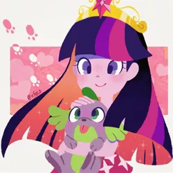 Size: 2043x2043 | Tagged: safe, artist:efuji_d, derpibooru import, spike, twilight sparkle, twilight sparkle (alicorn), alicorn, dog, equestria girls, big crown thingy, duo, element of magic, female, high res, holding a dog, image, jewelry, jpeg, male, regalia, smiling, spike the dog, tongue out