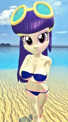 Size: 900x1600 | Tagged: suggestive, artist:oatmeal!, derpibooru import, blueberry cake, human, equestria girls, 3d, background human, beach, big breasts, bikini, breasts, busty blueberry cake, clothes, gmod, image, looking at you, ocean, png, sexy, solo, sunglasses, swimsuit, water