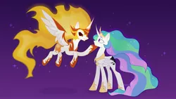 Size: 4096x2307 | Tagged: safe, artist:arina-gremyako, artist:arinagremyako, derpibooru import, daybreaker, princess celestia, alicorn, pony, a royal problem, crown, duo, female, hoof on chin, hoof shoes, image, jewelry, jpeg, looking at each other, looking at someone, mare, raised hoof, regalia, swapped cutie marks