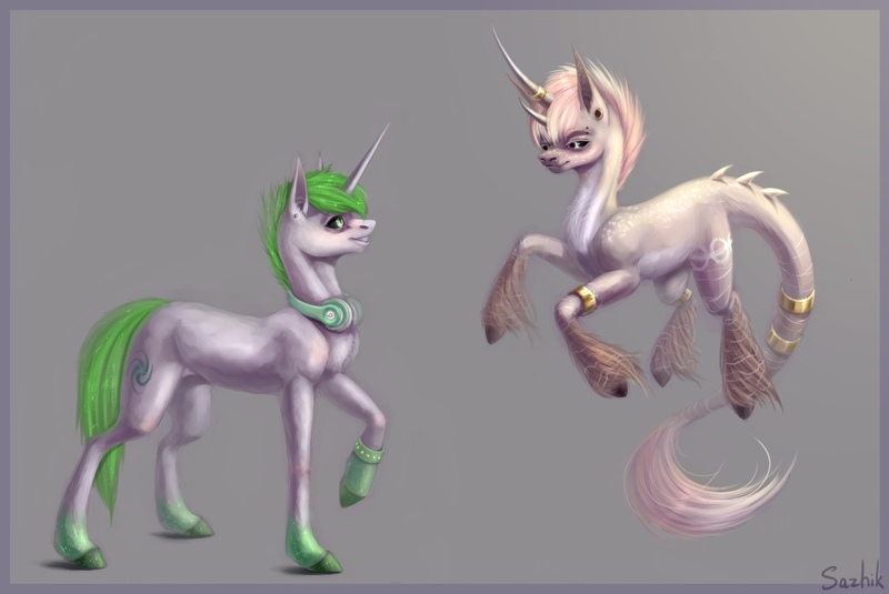 Size: 2500x1671 | Tagged: safe, artist:inarimayer, derpibooru import, oc, unofficial characters only, bicorn, pony, unicorn, duo, headphones, horn, image, jewelry, jpeg, multiple horns, raised hoof, ring, tail, tail ring, unicorn oc