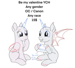 Size: 2057x1858 | Tagged: safe, artist:dyonys, derpibooru import, pony, advertisement, commission, commission info, female, holiday, image, looking at each other, looking at someone, male, mare, png, sign, sitting, smiling, stallion, text, valentine's day, your character here