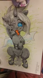 Size: 314x559 | Tagged: safe, artist:porcelanowyokular, derpibooru import, octavia melody, oc, changeling, pony, :p, changeling oc, ear fluff, forked tongue, image, jpeg, lying down, on back, one eye closed, solo, tongue out, traditional art, wink