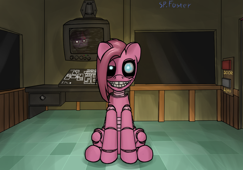 Size: 1000x700 | Tagged: semi-grimdark, artist:spfoster, derpibooru import, pinkie pie, twilight sparkle, alicorn, earth pony, pony, animatronic, five nights at freddy's, five nights at pinkie's, image, png