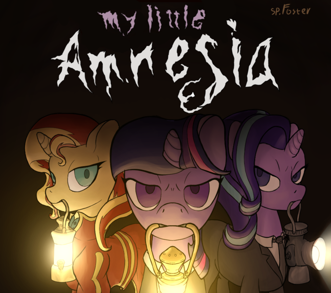 Size: 1082x961 | Tagged: semi-grimdark, artist:spfoster, derpibooru import, starlight glimmer, sunset shimmer, twilight sparkle, twilight sparkle (alicorn), alicorn, unicorn, amnesia, amnesia the dark descent, crossover, dark background, image, lamp, my little amnesia, png