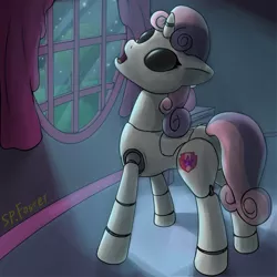 Size: 1200x1200 | Tagged: semi-grimdark, artist:spfoster, derpibooru import, sweetie belle, pony, robot, robot pony, unicorn, black eye, image, night, png, sweetie bot