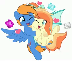 Size: 4096x3521 | Tagged: safe, artist:jhayarr23, derpibooru import, part of a set, oc, oc:rozyfly, oc:sunshine drift, bat pony, pegasus, pony, bat wings, cheek fluff, cute, female, heart, hearts and hooves day, hug, hugging a pony, image, jpeg, looking at each other, looking at someone, male, mare, nuzzling, oc x oc, shipping, smiling, stallion, straight, wings