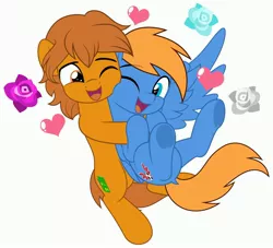 Size: 4096x3719 | Tagged: safe, artist:jhayarr23, derpibooru import, part of a set, oc, oc:rozyfly, oc:zip circuit, unofficial characters only, earth pony, pegasus, pony, friendship is magic, cheek fluff, commission, cute, duo, duo male, heart, hug, hugging a pony, image, jpeg, looking at each other, looking at someone, male, not shipping, nuzzling, simple background, smiling, stallion, white background, ych result